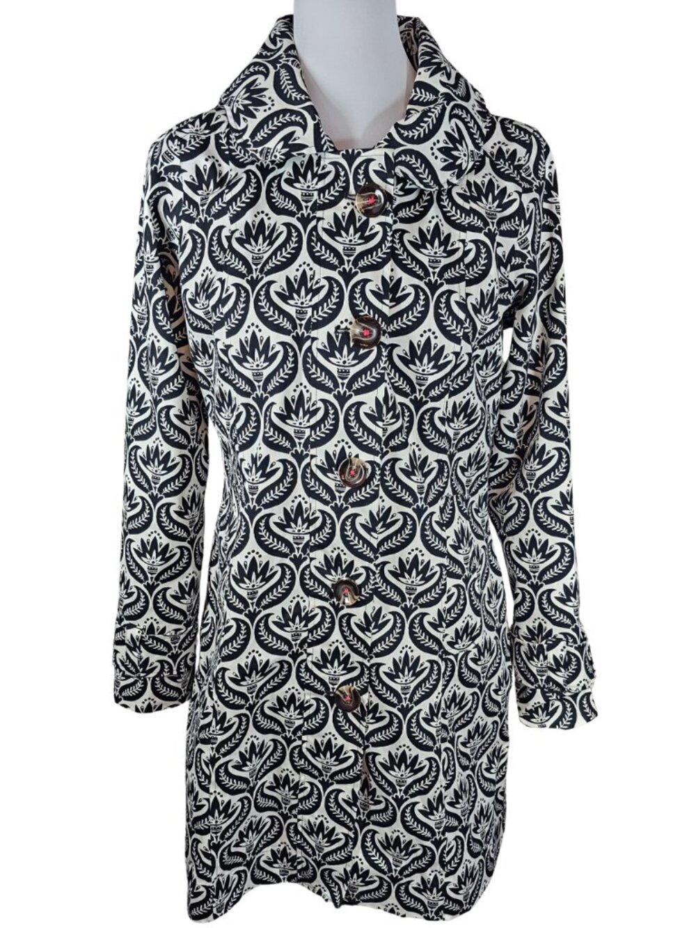 Hatley Classic Raincoat Jacket Folk Art Botanical Print Sz 8 Black White Cotton